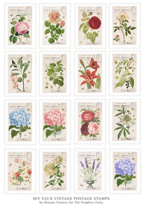 DIY Faux Vintage Postage Stamps & Free Printable! & free printable! - The Graphics Fairy Printable Stamps Vintage, Penpal Stickers Printable, Aesthetic Stickers Printable Vintage, Cute Aesthetic Stickers Printable, Journal Stickers Aesthetic Vintage, Aesthetic Stamps, Journal Stamps, Stary Papier, Stamp Illustration