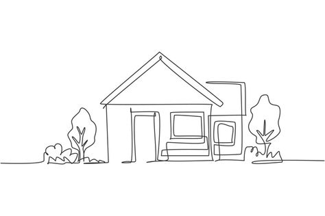 Continuous one line drawing of green little house with garden trees at village. Nature home architecture hand drawn minimalist concept. Modern single line draw design vector graphic illustration House Line Art Drawing, One Line House Drawing, Line Art House Drawing, House Outline Tattoo, House Outline Drawing, Building Illustration Architecture, Line Drawing House, House Line Art, White House Drawing