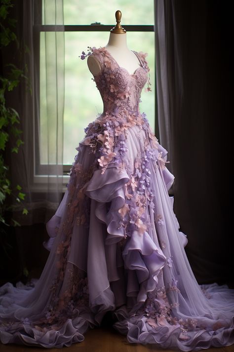 Lavender flower inspired gown Lavanda Dress, Lavender Wedding Dress, Flower Gown, Textiles Inspiration, Rapunzel Dress, Fairy Wedding Dress, Fantasy Dresses, Lavender Flower, Prom Dress Inspiration