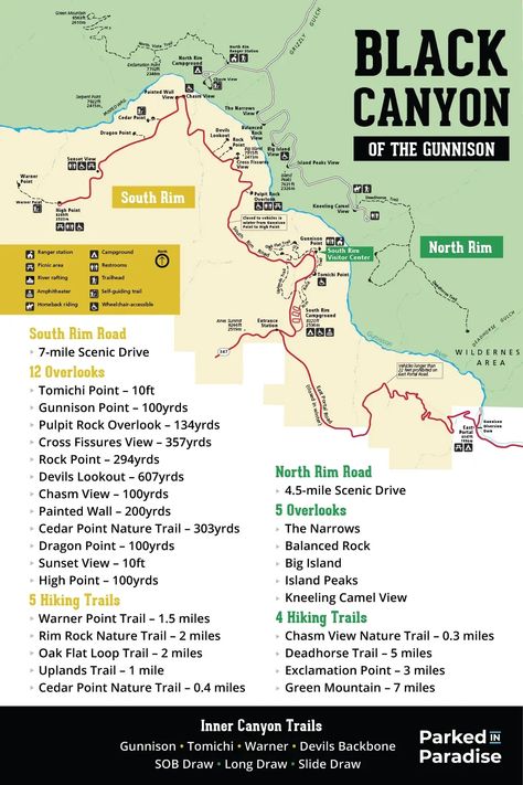 map of black canyon of the gunnison north vs south rim and top things to do in the area including hiking trails, scenic overlooks, photography spots, campsites, wildlife and more! North Vs South, Gunnison Colorado, Black Canyon Of The Gunnison, Colorado National Parks, Travel Colorado, Summer Roadtrip, Gunnison National Park, Utah Camping, Colorado Travel Guide