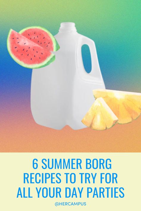 Summer is here, which means it's borg season. Here are six summer borg recipes to bring with you to all your day parties this warm weather season. Borg Drink Ideas, Borgs Drink, Borg Ideas Drink, Borg Drink Recipe, Bulk Alcohol Drinks Recipes, Borg Recipe Alcohol, Borg Recipe, Borg Drink, College Drinks