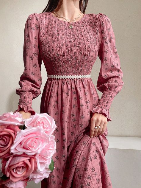 Women's Ditsy Floral Print A-Line Dress Pink Elegant,Boho  Long Sleeve Fabric Floral,All Over Print A Line Non-Stretch  Women Clothing, size features are:Bust: ,Length: ,Sleeve Length: Shirred Waist Dress, Satin Formal Dress, Pink Long Dress, Rose Bonbon, Modest Clothing, Fabric Floral, Lovely Clothes, Feminine Outfit, Women Long Dresses