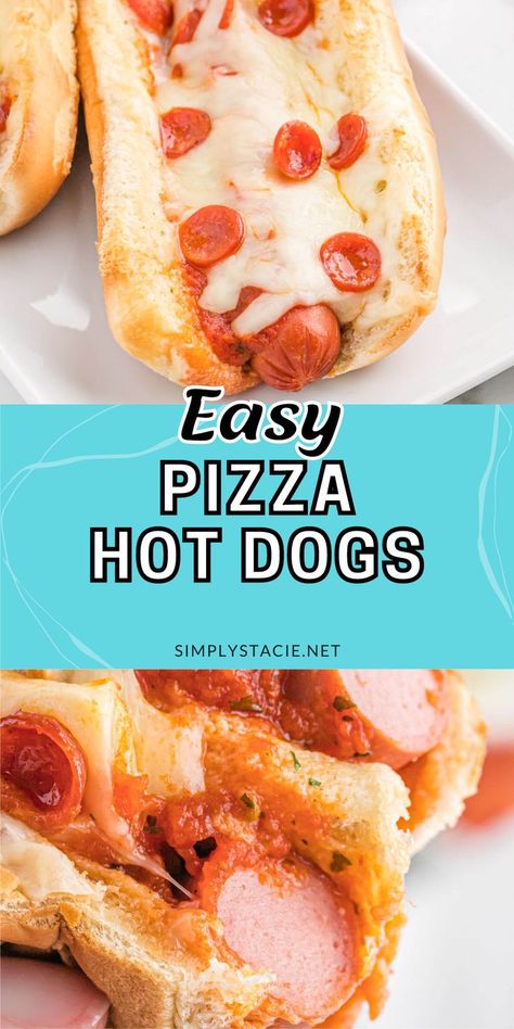 Two image collage pin of pizza hot dogs. Lunch Ideas With Hot Dogs, Pizza Dogs Recipes, Hot Dog Quesadilla, Pizza Hot Dogs, Hot Dog Dinner Ideas, Spaghetti Hot Dogs, Pizza Dogs, Hotdogs Recipes, Hot Dog Spaghetti