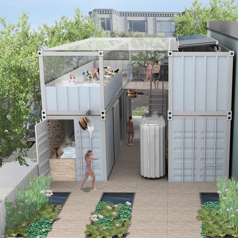 Ecological spa made from shipping containers. Container Spa, Container Hotel, Shipping Container Pool, Shipping Container Architecture, Container Pool, Solar Hot Water, Container Buildings, Eco Architecture, Cargo Container