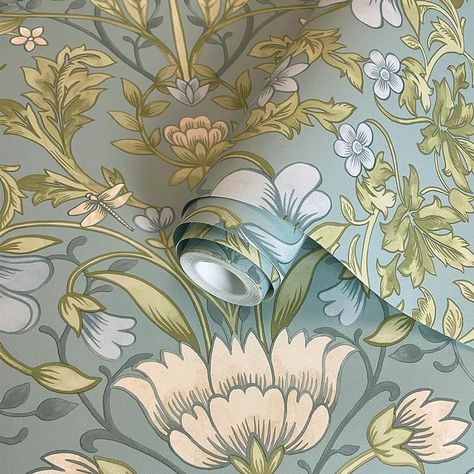 A mirrored floral paper with a traditional design featuring flower heads framed by trailing vines creating an impactful look on your walls. Shown here in the soft blue colourway  other colourways available. Vintage Floral Wallpaper, Albany Wallpaper, Painterly Style, Designer Patterns, Vintage Floral Wallpapers, Muted Colours, Garden Wallpaper, Wall Art Wallpaper, Bleu Pastel