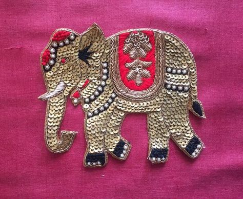 Royal Elephant Zardozi Embroidery Patch,Indian Handmade Royal Animal Patch Gold Sequins Bullions Cut Shots Snap, Royal Elephant, Base Clothing, Elephant Embroidery, Embroidered Elephant, Zardosi Embroidery, Gold Work Embroidery, Monogram Ideas, Zardozi Embroidery