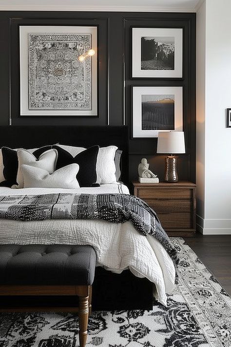 Explore 50 elegant ideas for a timeless black and white bedroom, where sophisticated simplicity creates a serene and inviting atmosphere. Small Bedroom Ideas Black Furniture, Black Bedroom Suite, Off White And Black Bedroom, Black Bed Inspiration, Dark Wall Bedroom Ideas, Black And Ivory Bedroom, Bedroom Ideas With Black Bed, Black And White Bedroom Ideas Luxury, Elegant Master Bedrooms Decor