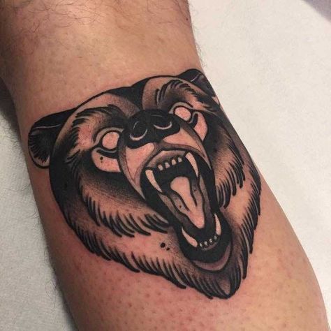 Bear Tattoo 2 by Leah Tattooer Cool Bear Tattoos, Original American Traditional Tattoos, Bear Hip Tattoo, Bear Knee Tattoo, Traditional Bear Tattoo, Grizzly Bear Tattoos, Black Bear Tattoo, Tattoo Bear, Mangas Tattoo