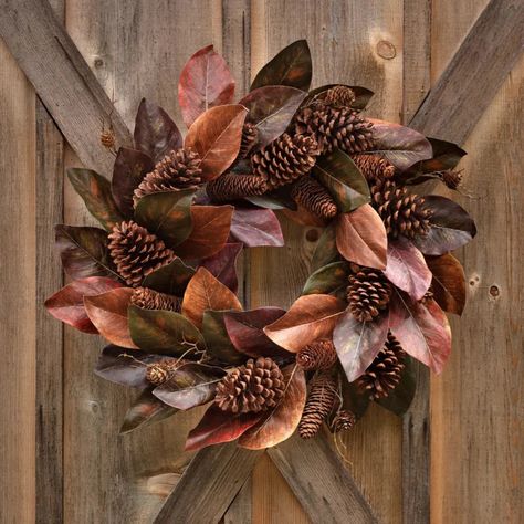 We just love Fall! This rustic wreath, features layers of warm seasonal colors and textures and perfect for any cottage or farmhouse home! Magnolia Fall Decor, Wedding Bouquet Lavender, Wreath Living Room, Pine Cone Craft, Herb Wedding, Bouquet Lavender, Magnolia Leaf Wreath, Blue Harvest, Unique Wreath