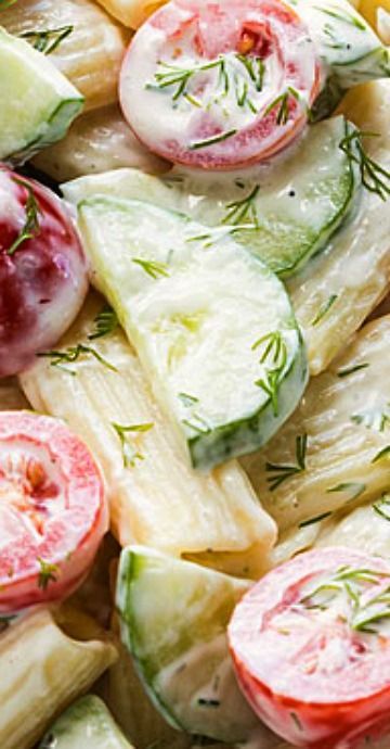 Cucumber Pasta, Cucumber Pasta Salad, Cucumber And Tomato Salad, Salad With Dill, Cucumber And Tomato, Tomato Pasta Salad, Ranch Pasta Salad, Creamy Cucumber Salad, Creamy Cucumbers