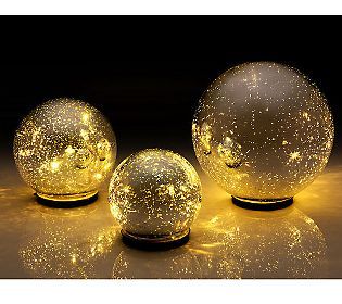 Set of 3 Lit Indoor Outdoor Mercury Glass Spheres w/Timer by Valerie - QVC Witch Balls, Lighted Centerpieces, Lisa Robertson, Valerie Parr Hill, Animal Planters, Glass Globes, Gorgeous Glass, Chandelier Lamp, Mercury Glass