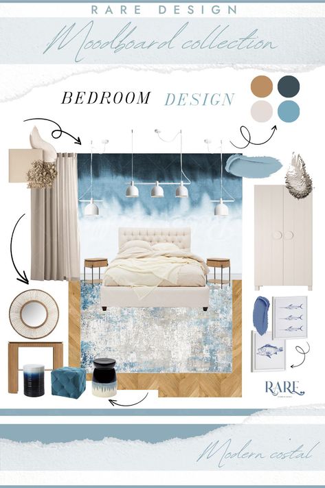 Modern coastal style - bedroom moodboard by @raredesigninterior Follow us for more interior design ideas! #interiordesign #japandi #moderncoastal #scandinaviandesign #home #design #bucharest #bedroom #wallpaper #blue #moodboard #rattan #pendantlights #simple #cozy #raredesigninterior Scandinavian Bedroom Moodboard, Coastal Bedroom Mood Board, Bedroom Wallpaper Blue, Blue Moodboard, Coastal Style Bedroom, Bedroom Moodboard, Casual Bedroom, Japandi Bedroom, Blue Interior Design