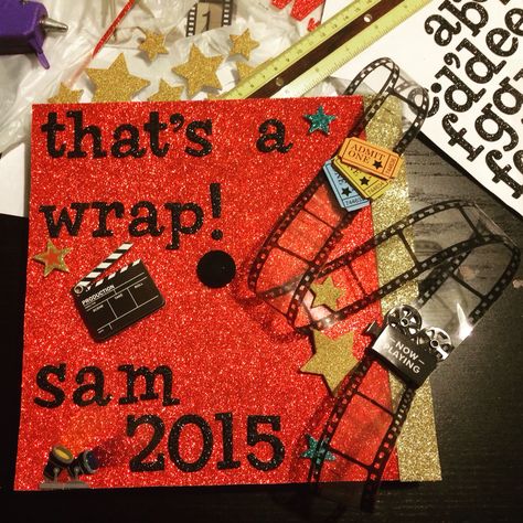 My graduation cap!! Film major? I think so. #graduationcap #graduationdecoration Film School Graduation Caps, Acting Graduation Cap, Movie Graduation Cap Ideas, Film Major Graduation Cap, Graduation Cap Designs Film, Film Grad Cap, Graduation Cap Designs Movies, Film Graduation Cap, Theatre Graduation Cap