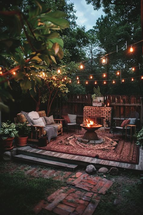 Quaint Backyard Ideas, Beautiful Small Backyard Ideas, Aesthetic Small Backyard, Patio Home Backyard Ideas, How To Design A Backyard Layout, Backyard Inspo Gardens, Moody Outdoor Patio, Brick Backyard Ideas, Outdoor Living Design Backyard Ideas