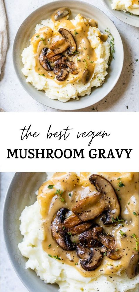 Vegan Mushroom Gravy Recipe Easy, Plant Based Gravy, Vegan Mushroom Gravy Recipe, Vegetarian White Gravy, Best Vegan Gravy, Dairy Free Mushroom Gravy, Mushroom Au Jus Recipe, Healthy Mushroom Gravy, Vegan Brown Gravy Recipe