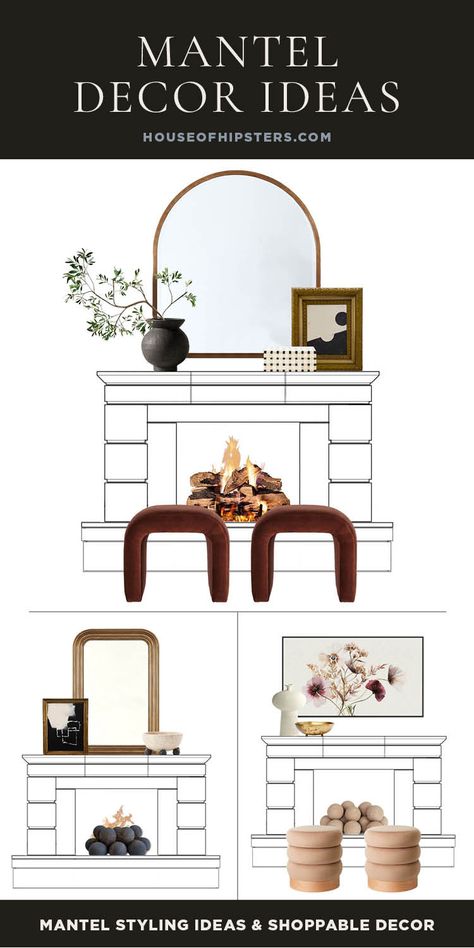 Mantel decor ideas you can try with your fireplace. Layered Mirror And Art Mantle, How To Style A Mantel Living Rooms, Mirrors On Mantels Fire Places, Organic Modern Fireplace Ideas, Tall Fireplace Decor, Mantle Mirror Decor, Staging Fireplace, Mirror Over Fireplace Mantle, Mirror On Fireplace Mantel