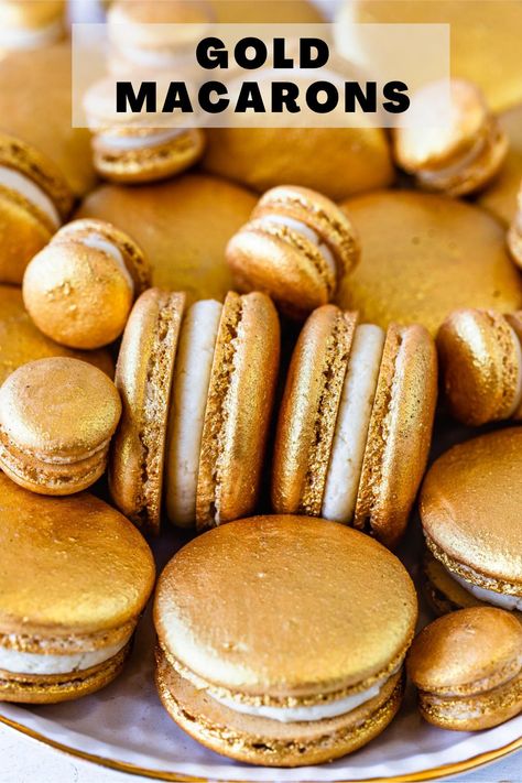 I made these Gold Macarons to celebrate St Patrick’s Day. Initially, I wanted to make small gold coins for my Pot of Gold Macarons. And that’s why these macarons are filled with a Baileys Ganache, to fit the whole St Patrick’s theme. #desserts #macarons #stpatricksday Baileys Ganache, Gold Macaroons, Gold Macarons, Macaron Filling, Gold Dessert, Macaroon Recipes, Macaron Recipe, Gel Food Coloring, Pot Of Gold