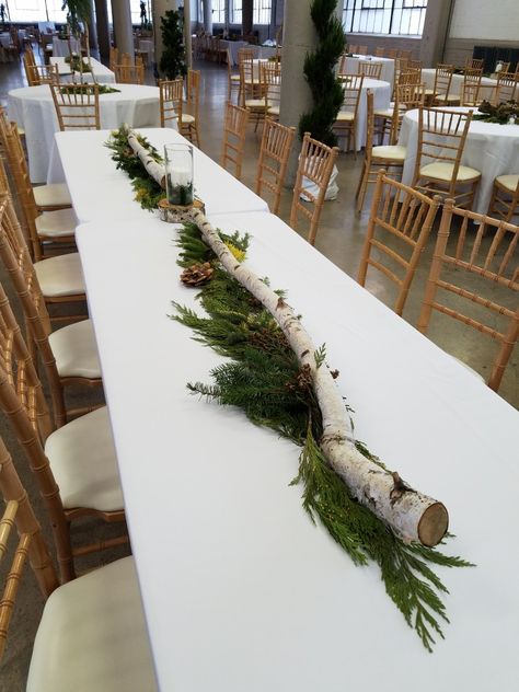 Lantern And Antler Centerpieces, Birch Centerpieces Christmas, Christmas Centerpiece Long Table, Evergreen Table Decorations, Pine Tree Centerpiece, Evergreen Wedding Decorations, Birch Tree Wedding Decor, Birch Wedding Centerpieces, Skyrim Wedding