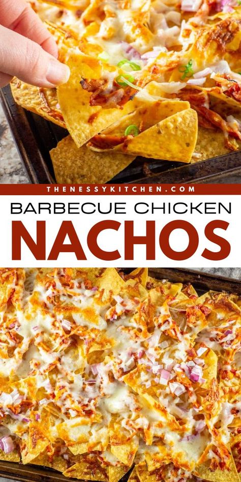 Always an easy appetizer recipe for a crowd! It's one of the best game day recipes for loaded nachos. Complete with your favorite toppings, these sheet pan Barbecue Chicken Nachos are sure to be a hit! So, grab some tortilla chips for this fun party snack! Barbecue Chicken Nachos, Loaded Nachos Recipe, Nacho Recipes, Bbq Chicken Nachos, Sheet Pan Nachos, Pan Nachos, Recipe For A Crowd, Chicken Nachos Recipe, Easy Nachos