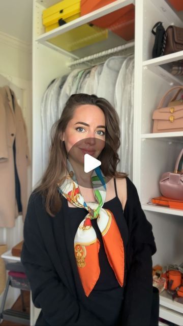 Abigail Goodman on Instagram: "In Pt 1 we indentified this scarf and in Pt 2 we are getting the full look with the tutorial! The scarf Cameron Diaz is wearing is an Hermès scarf called “Chevaux de Trait” by Laurence Bourthoumieux and now I’ll show you how she tied it. This is the knot I use all the time, close to my neck and off center, but it takes on a totally different look when placed further down and symmetrically. Let me know if you try it, I’d love to see! #hermes #hermesscarf #scarftutorial #camerondiaz #mybestfriendswedding" Hermes Hair Scarf, How To Tie An Hermes Scarf, Hermes Scarf With Dress, How To Tie Hermes Silk Scarf, Tie Hermes Scarf, Hermes Scarves How To Wear, Hermes 90x90 Scarf Outfit, How To Wear Hermes 90 Scarf, Style Hermes Scarf