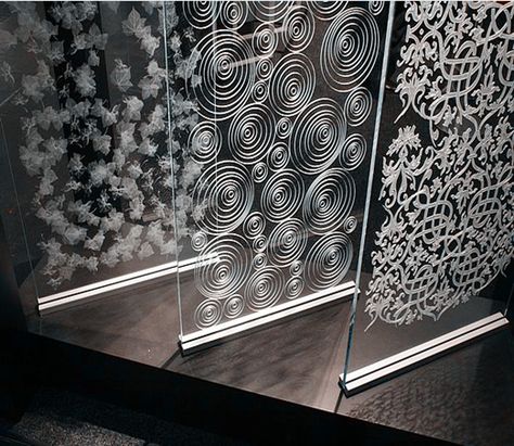 Laser engraving glass Glass Partition Designs, Creative Booths, Conceptual Model Architecture, Glass Cupboard, Complex Shapes, Glass Office, Verre Design, Glass Engraving, Billboard Design