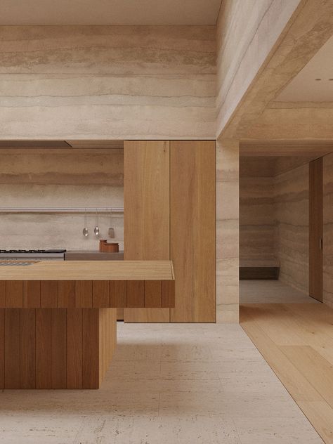 Subtle Home Design With Rammed Earth Walls Large Bathroom Sink, Rammed Earth Homes, Rammed Earth Wall, Natural Wood Flooring, Interior Minimalista, Rammed Earth, Pendant Lighting Dining Room, Kitchen Installation, Earth Homes