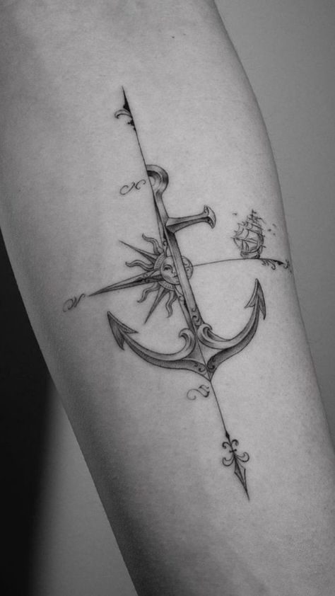 Traditional Compass Tattoo, Sailing Tattoo, Compass Tattoos, Direction In Life, Wheel Tattoo, Modern Art Tattoos, Stunning Tattoos, Anchor Tattoo Design, Anker Tattoo