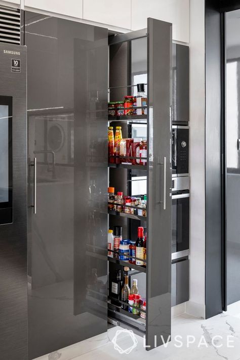 Small Kitchen With Tall Unit, Kitchen System Storage, Kitchen Bottle Pull Out, Masala Pullout Kitchen, Kitchen Tool Unit, Kitchen Tall Cabinet Ideas Modern, Tall Pull Out Kitchen Cabinets, Bottle Pull Out, Pantry Unit Kitchen Modern