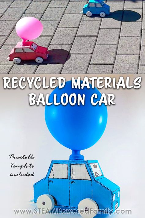 Project With Recycled Materials, Simple Stem Projects, Balloon Powered Car, Kinetic And Potential Energy, Balloon Car, Steam Challenges, Physics Concepts, Balloon Cars, Engineering Design Process