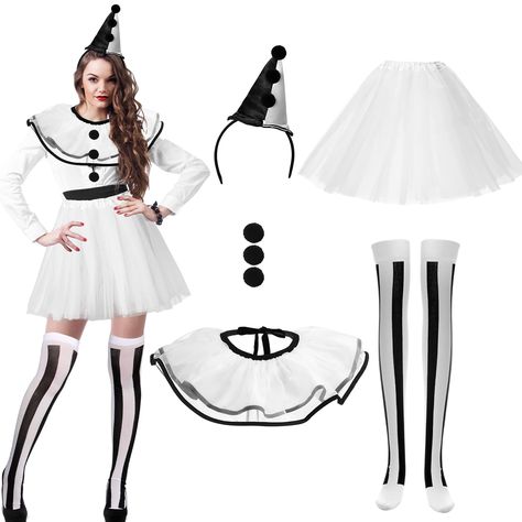 PRICES MAY VARY. Unique Vintage Style: this Halloween, join the carnival fun with our vintage clown themed costume; The playful combination of a frilled collar and white ballet skirt creates a vintage aesthetic, with the added fun of a distinctive clown hat headband, bringing out the spirit of the well-loved clown character DIY Details: vintage clown costume with this unique costume which includes three delightful black pompom pins; These can be easily DIY applied to any part of the costume to a