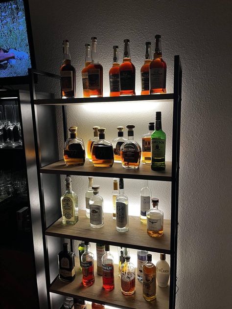 Your liquor collection will look a million times better with indirect lighting like this liquor collection on a shelf. 🤩 So cosy and inviting! 👌 Liquor Room, Liqour Bottles, Liquor Storage, Bottle Display, Indirect Lighting, Standing Shelves, Liquor Bottles, Basement Ideas, A Shelf