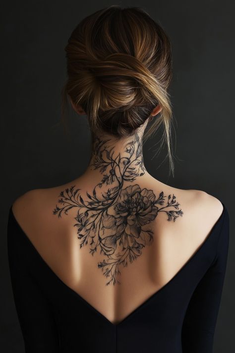 Back And Neck Tattoos For Women, Neck And Back Tattoos For Women, Feminine Upper Back Tattoos, Tattoo Back Of Neck Women, Feminine Back Of Neck Tattoos, Floral Back Piece Tattoo, Neck Tatoos Woman, Delicate Neck Tattoo, Women’s Neck Tattoo