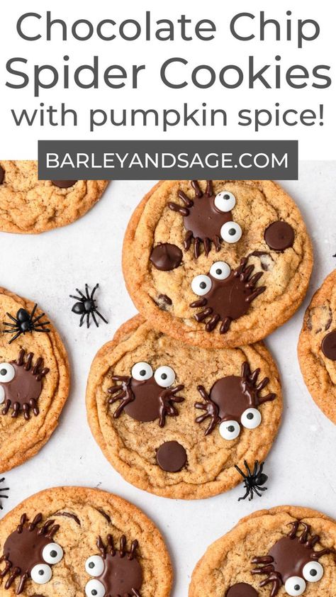 These pumpkin chocolate chip cookies are decorated with candy eyes to look like little chocolate spiders for the most adorable kid-friendly Halloween treats! Halloween Chocolate Chip Cookies, Chocolate Spiders, Halloween Finger Foods, Soft Pumpkin Cookies, Spider Pumpkin, Brown Butter Cookies, Candy Eyes, Spider Cookies, Fun Halloween Food