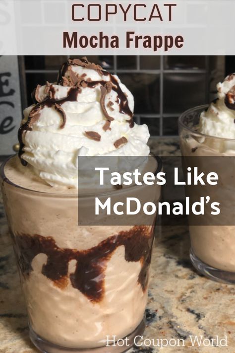 Make a Mocha Frappe that tastes like McDonald's - at home (with this easy copycat recipe)!  Great cold coffee drink for summer! Homemade Mocha Frappe, Mcdonalds Mocha Frappe, Mocha Frappe Recipe, Caramel Frappe, Homemade Mocha, Homemade Frappuccino, Frappe Recipe, Cold Coffee Recipes, Mocha Frappe