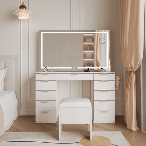 Get ready in style with our Vanity Table With Mirror. Perfect for your daily routine. Featuring a spacious tabletop and a large mirror, this vanity table will make getting ready a breeze. Stay organized with the multiple drawers and compartments, keeping all your beauty essentials within reach. White Vanity Desk With Mirror And Lights, Cute Bedroom Vanity, Vanity Mirror With Light, Beauty Vanity In Bedroom, Make Up Mirror With Light, Make Up Vanity Set Up, Vanity Desk With Mirror And Lights, Room Inspo Vanity, Cute Vanity Setups