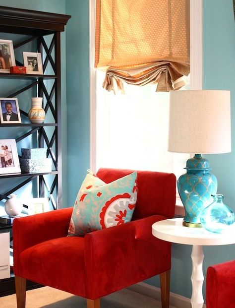 Red Couch Living Room, Turquoise Living Room Decor, Turquoise Room, Red Chairs, Living Room Turquoise, Red Furniture, Red And Turquoise, Living Room Red, Red Chair