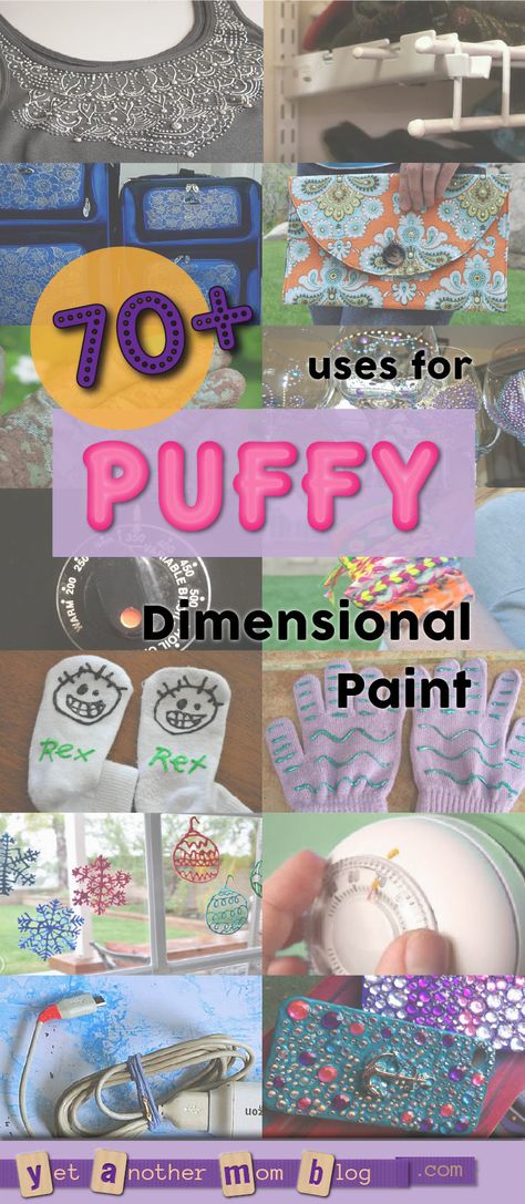 70+ uses for Puffy Paint (aka Dimensional Fabric Paint). It's not just for decorating T-shirts! Use for home decor items, jewelry, accessories, holiday decorations, non-skid and non-scratch applications, solutions for visually impaired and more! Dimensional Fabric Paint Ideas, Fabric Paint Crafts Ideas, Puffy Paint Crafts Art Projects, Puffy Fabric Paint, Puffy Fabric Paint Ideas, 3d Fabric Paint Ideas, Tulip Fabric Paint Ideas, Puffy Paint Tshirt Ideas, Puff Paint Shirts Ideas