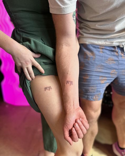 ❤️These two cuties had their first date on a Bench at @cruxfermentationproject where they talked all night and fell in love. Fast forward they have a cute 2 year old and they are GETTING MARRIED in 2 weeks. So they decided to get their bench tattooed on them forever. I love this stuff guys! This is the sweet stuff! #coupletattoos #matchingtattoo #tinytattoo #microtaattoo #finelinetattoo #singleneedletattoo #crux Two Cuties, Single Needle Tattoo, Matching Tattoo, Fast Forward, Fine Line Tattoos, Couple Tattoos, First Date, Sweet Stuff, Tiny Tattoos