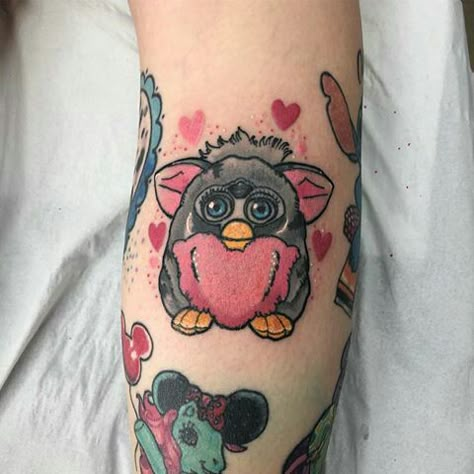 Furby Tattoo, Ty Tattoo, 80s Tattoo Ideas, 90s Baby Tattoo, 80s Tattoo, Collage Tattoo, 90s Tattoos, Baby Name Tattoos, Hippie Tattoo