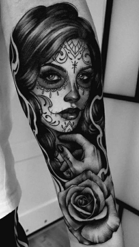 Girl Tattoo Sleeve, Sugar Skull Sleeve, La Santa Muerte Tattoo, Day Of The Dead Girl Tattoo, Sugar Skull Girl Tattoo, Feminine Skull Tattoos, Chicano Tattoos Sleeve, Catrina Tattoo, Skull Hand Tattoo