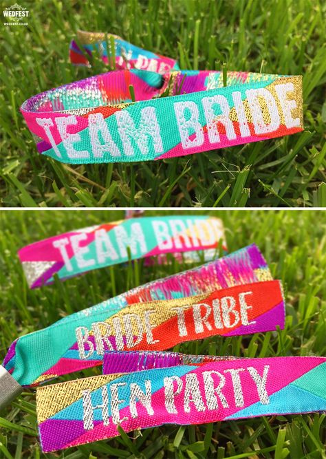 FESTIVAL BRIDES | Hen Party Festival Wristbands from Wedfest! Hendo Ideas, Festival Wristbands, Coachella Theme, Coachella Birthday, Festival Themed Party, Party Wristbands, Hen Party Outfits, Bachelorette Party Accessories, Coachella Party