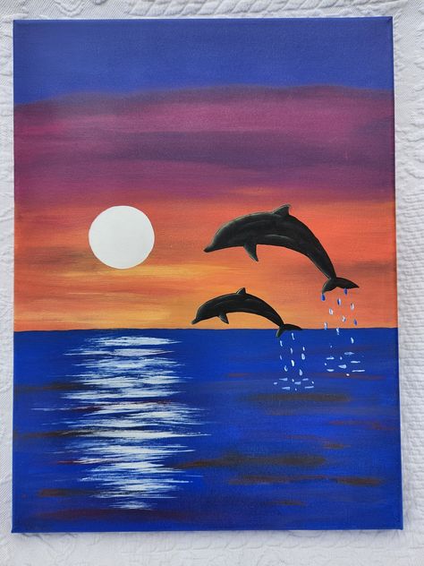 A pair of dolphins jumping and splashing at sunset.  A happy scene to add to your home. Life Sketches Art, Dolphin Jumping Out Of Water Painting, Themes For Painting, Quick Things To Paint, Dolphin Sunset Painting, Painted Ocean Scenes, Dolphin Jumping Out Of Water Drawing, How To Paint A Dolphin, Relaxing Paintings Ideas