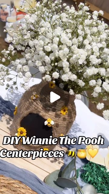 Winnie The Pooh Diaper Cake Ideas, Winnie The Pooh Centerpiece Ideas, Bee Baby Shower Centerpieces, Winnie The Pooh Diaper Cake, Diy Honeycomb, Bumble Bee Baby Shower, Bee Baby, Baby Shower Flowers, Bee Baby Shower