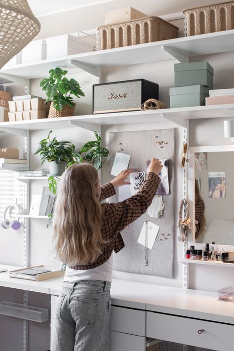 Teenage Bedroom Makeover, White Shelves Above Desk, White Desk Teen Room, Bedroom Desk With Shelves, Girls Desk In Bedroom, Desk Teen Bedroom, Desk And Shelves In Bedroom, Teenage Study Room Ideas, Teen Girl Bedroom Desk