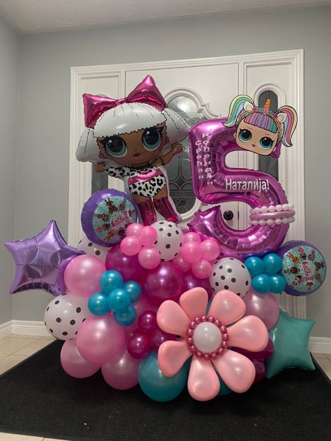 LOL surprise doll birthday column in the colours light pink fuchsia pink and teal as well as white balloons with black polkadots a large number five hot pink balloon with happy birthday Natalija written in Cyrillic and a large balloon flower Birthday Balloon Ideas, 2022 Balloons, Happy Birthday Doll, Lol Birthday, Teal Balloons, Balloon Ideas, Happy Birthday Balloons, Balloon Columns, Balloon Art