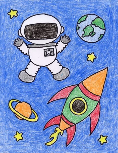 Show students how to draw an astronaut and space ship, floating among stars and planets, and watch their imagination take off. Astronaut Drawing, Hundertwasser Art, Space Drawings, Astronaut Art, Art Projects For Kids, Easy Art Projects, Art Lessons For Kids, Easy Drawings For Kids, Drawing Projects