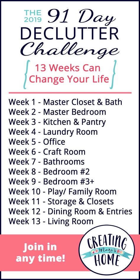 2019 Declutter Challenge - creatingmaryshome.com  Going to try to stick with it this year! Declutter Home, Declutter Challenge, 91 Days, House Cleaning Checklist, Declutter Your Life, Household Cleaning Tips, Declutter Your Home, Cleaning Checklist, Master Closet