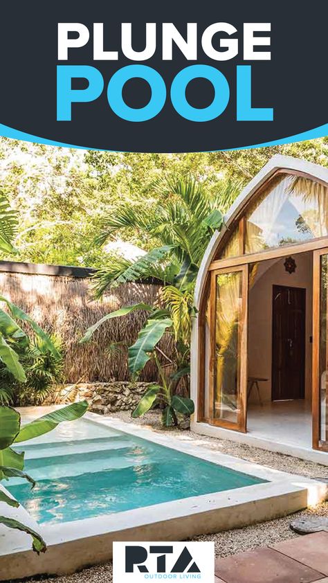 Plunge pool in a backyard beside greenery and a covered roof structure. Small Shallow Pool Ideas, Zero Entry Plunge Pool, Hot Tub Plunge Pool Combo, Walk In Plunge Pool, Square Plunge Pool, Fiji Plunge Pool, Hot Cold Plunge Pool, Plunge Pools Backyard, Plunge Pool With Fountain