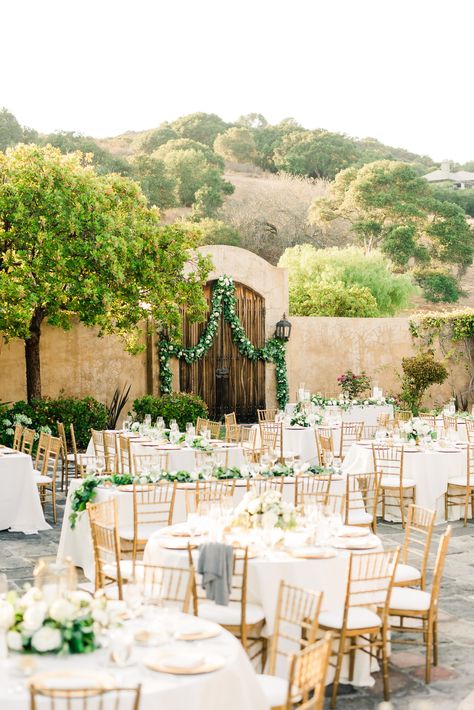 Courtyard Outdoor Spanish Style Wedding Reception, Simple and Elegant, White and Green Florals, Evening Wedding Reception, The Club at Pasadera, Nicklaus Club Monterey, Photo: 1985 Luke Photography, Planner: Paige Events Courtyard Reception Decor, Elegant Spanish Style Wedding, Mexican House Exterior Spanish Style, Spanish Style Fireplace Ideas, Spanish Courtyard Wedding, Mexican Bathroom Ideas Spanish Style, Spanish Style Wedding Reception, Spanish Ranch Wedding, Courtyard Wedding Reception