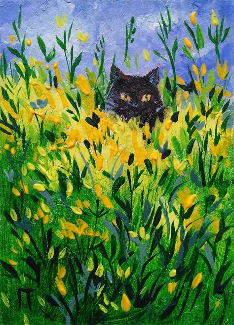 Floral Acrylic Painting, Cat Portrait Painting, Black Cat Painting, Field Art, Retro Painting, Flower Cat, Black Cat Art, Impressionism Art, Art Flowers